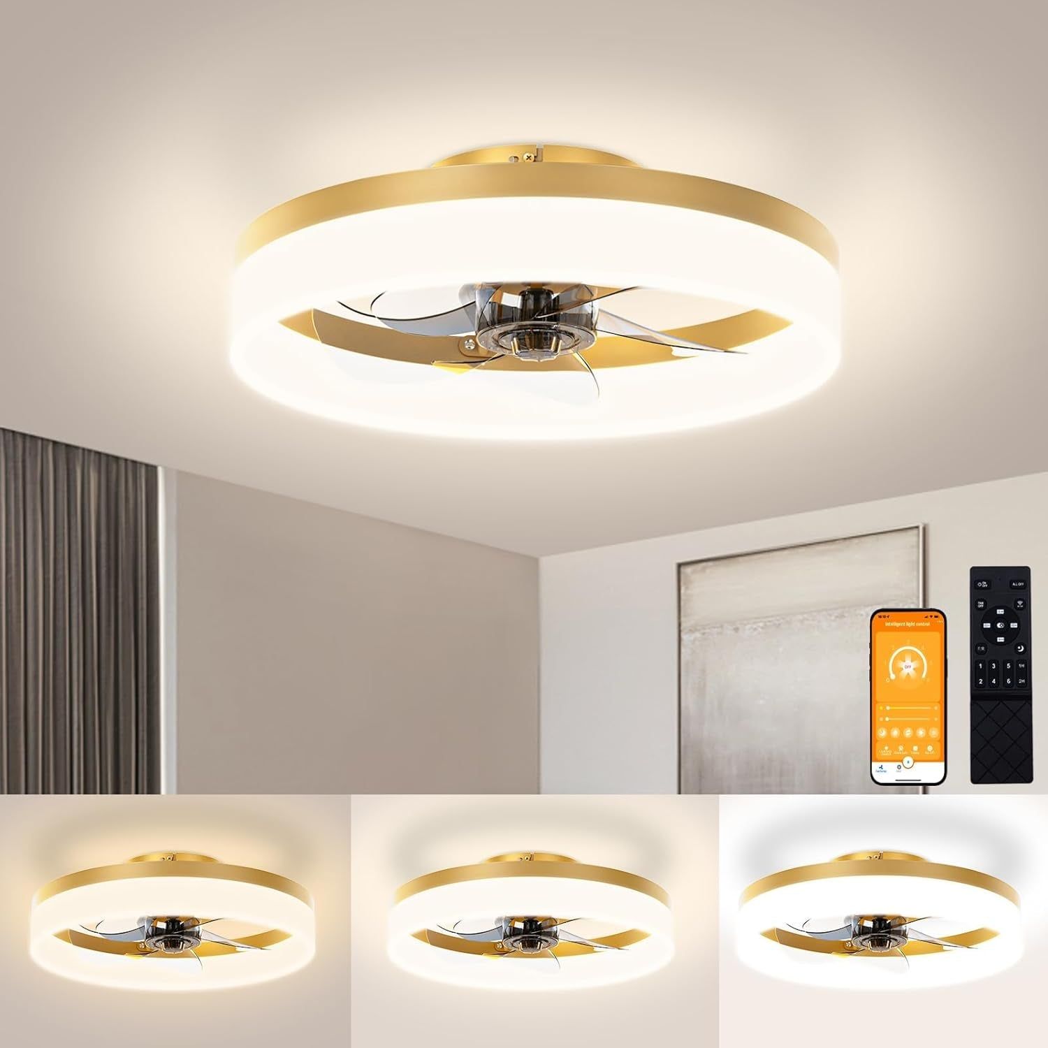 Gold Bladeless LED Ceiling Fan with Light