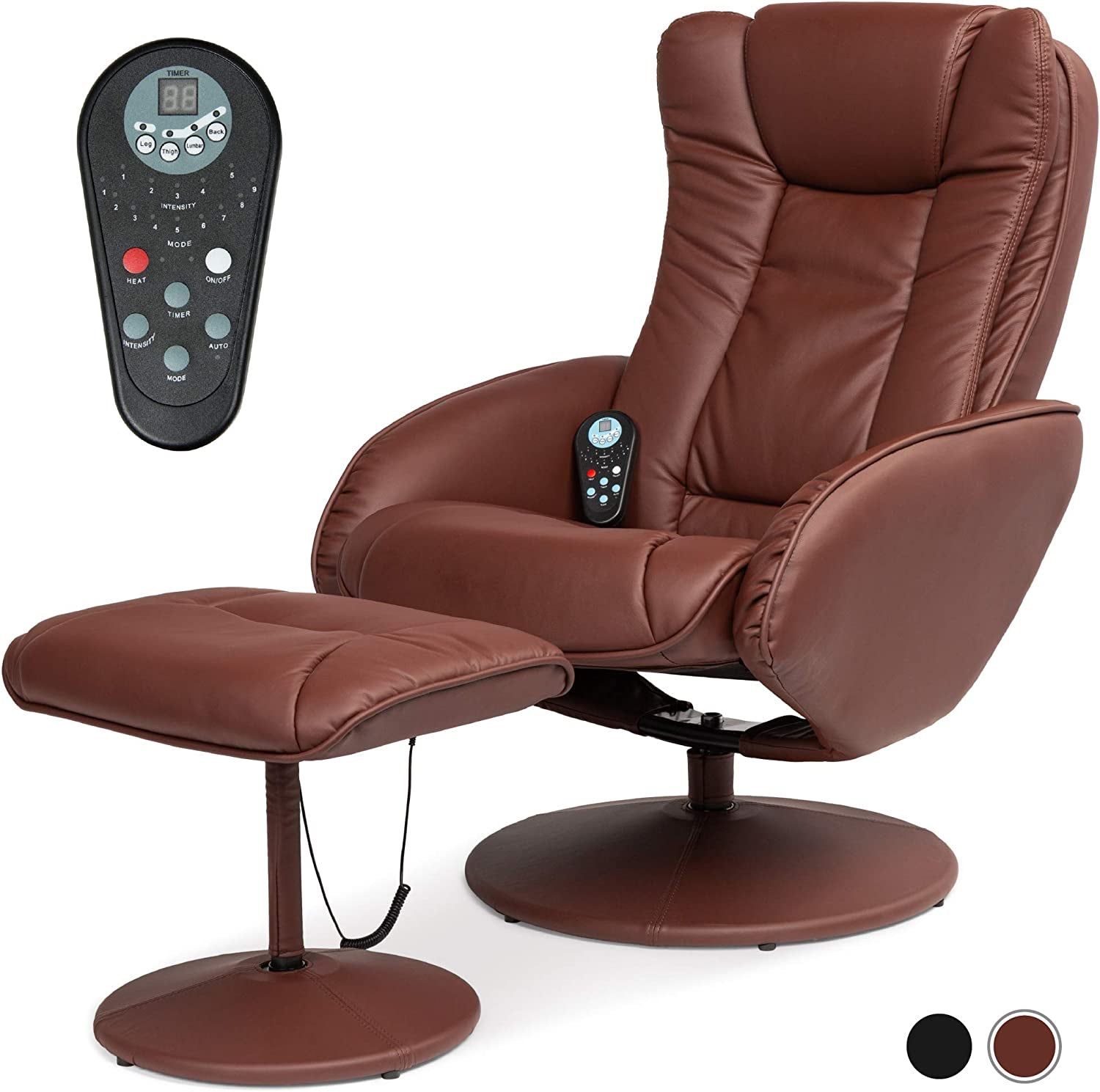 Faux Leather Electric Massage Recliner W/Stool Footrest Ottoman, Remote Control, 5 Heat &amp; Massage Modes, Side Pockets - Brown
