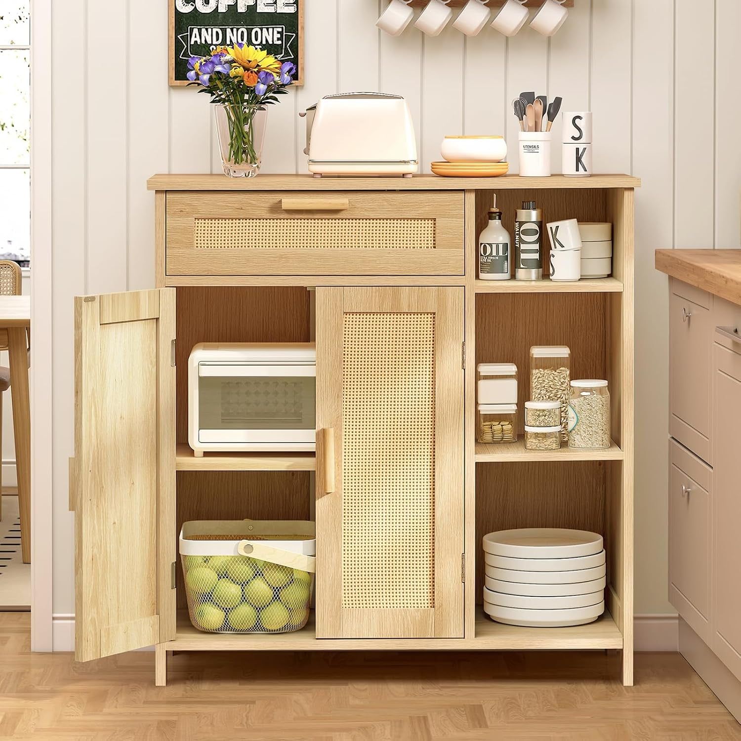 Natural Rattan Boho Storage Cabinet with Adjustable Shelves
