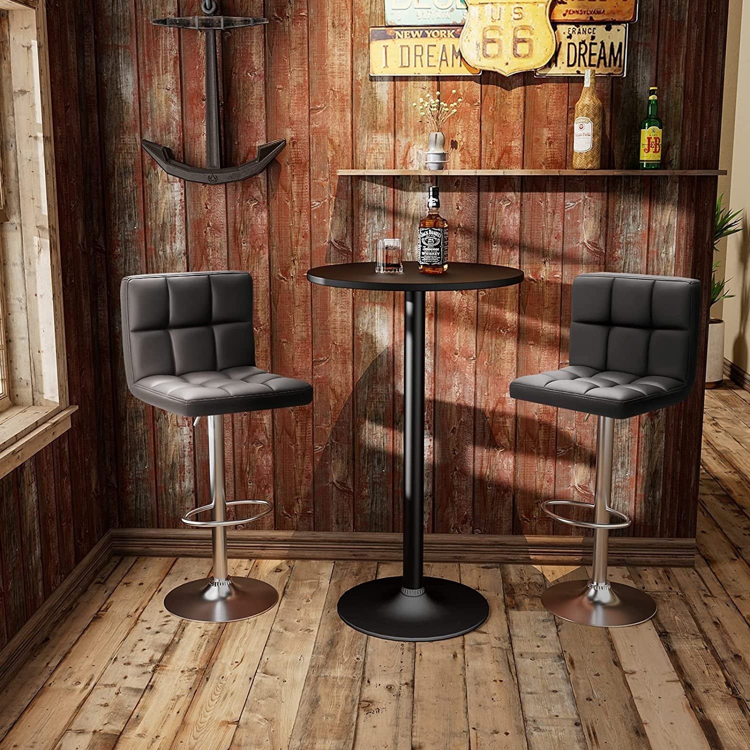 Black Leather Adjustable Swivel Bar Stools (Set 4)