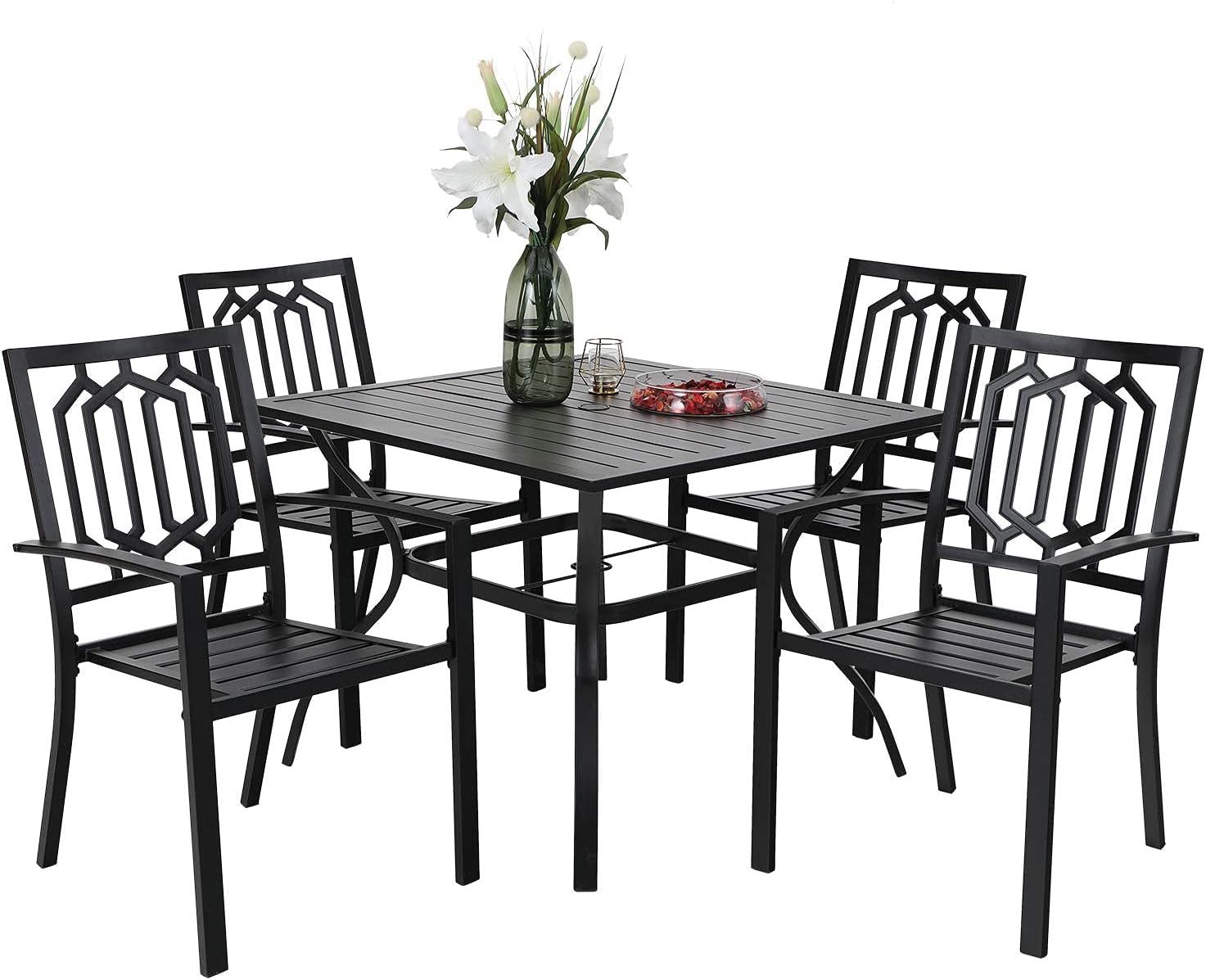 5-Piece Metal Patio Outdoor Table and Chairs Dining Set- 37&quot; Square Bistro Table and 4 Backyard Garden Chairs, Table with 1.57&quot; Umbrella Hole