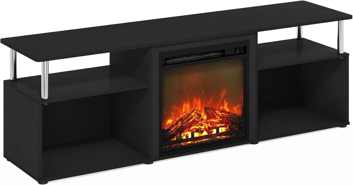 Jensen Open Storage Fireplace Entertainment Center for TV up to 70 Inch with Stainless Steel Tubes, Americano/Chrome