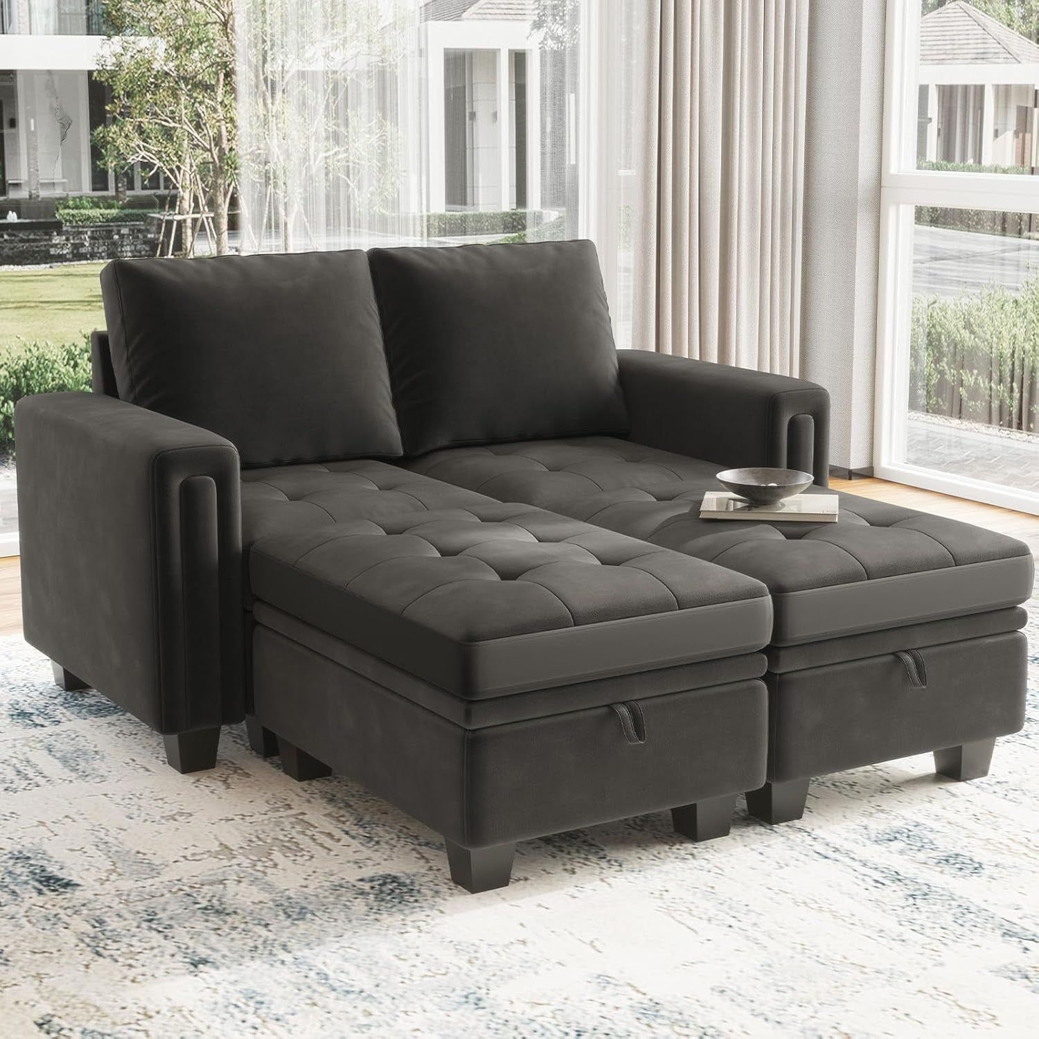 Velvet Modular Sectional Sofa Couch with Storage Convertible Sectional Sleeper Sofa Couch Bed Set with Reversible Chaise Grey