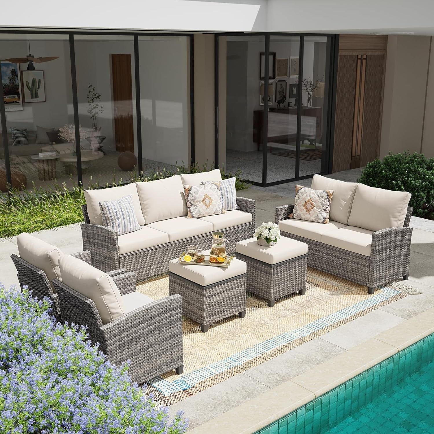 6 PCS Patio Furniture Set, Outdoor Wicker Conversation Sectional Sofa Couch Furniture Sets with Ottomans for Garden Balcony Backyard, Gray/Beige (Gray Rattan Beige Cushions, 6 Pieces Set)