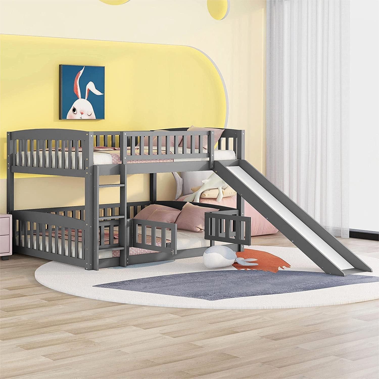 Gray Bunk Bed with Fence, Slide, and Ladder