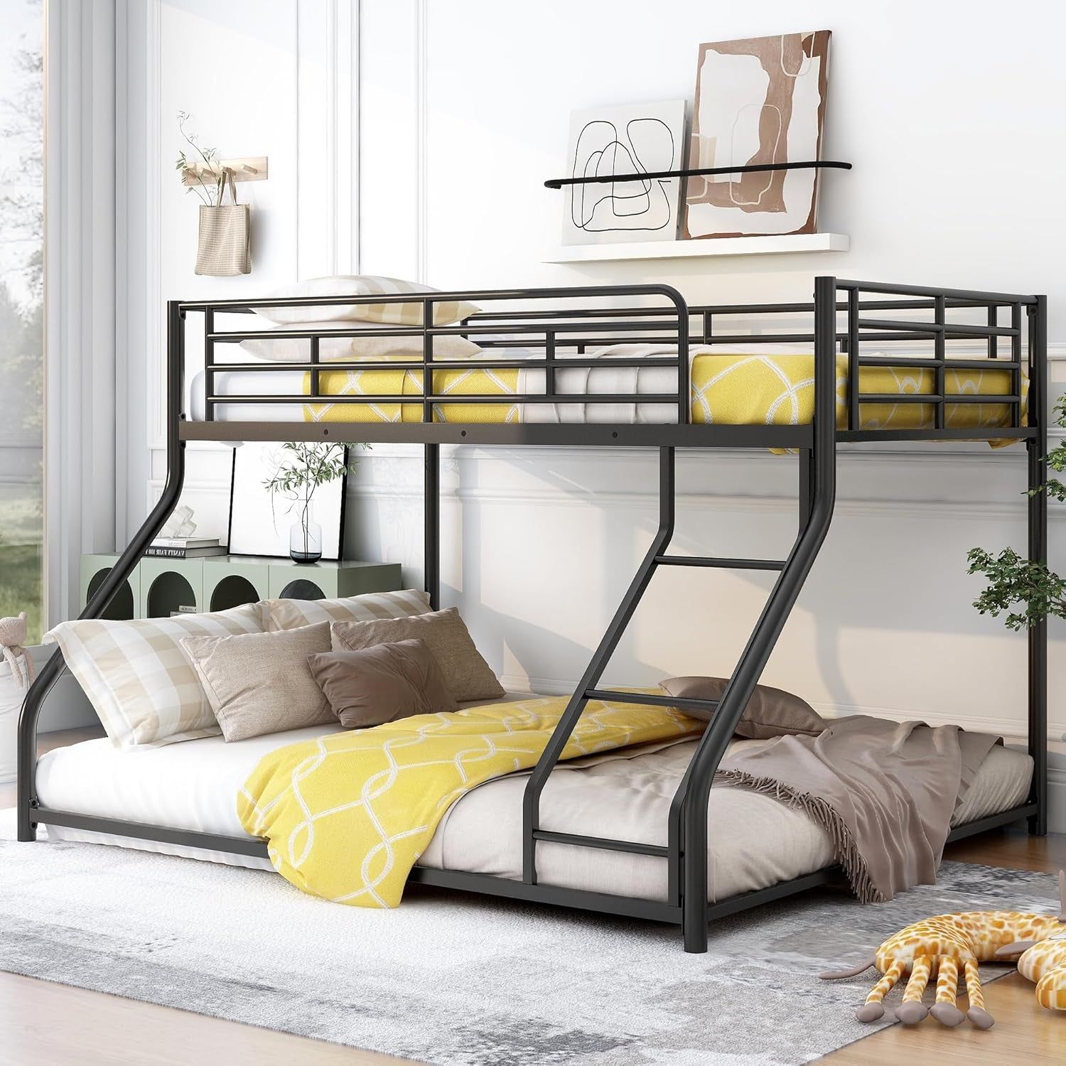 Twin over Queen Bunk Bed, Floor Bunk Bed, Heavy Duty Metal Bunk Bed Frame, Queen Bunk Bed for Adults, Adult Bunk Beds Heavy Duty, Twin XL Bunk Bed, Black