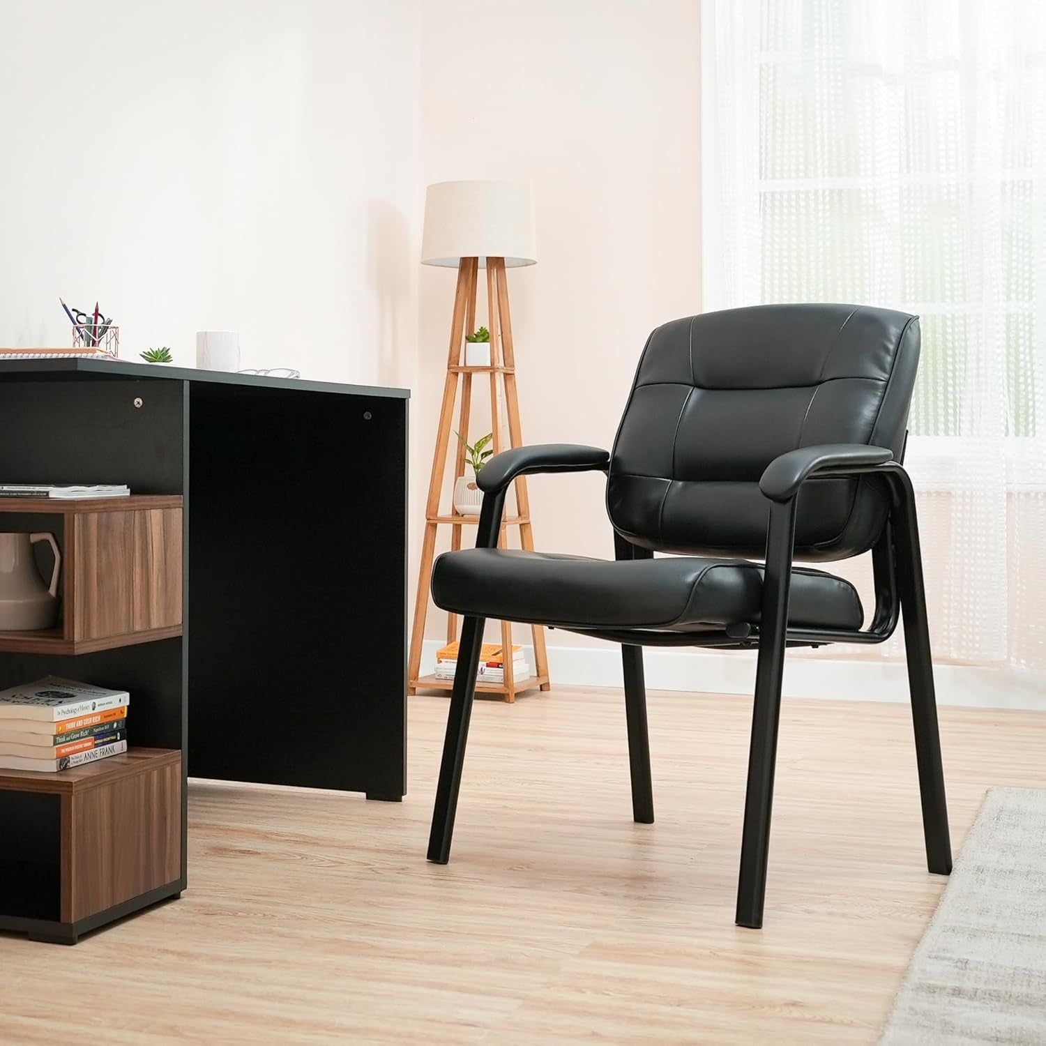Classic Faux Leather Office Desk Guest Chair with Metal Frame, Black, 27.4D X 23.6W X 35.8H In