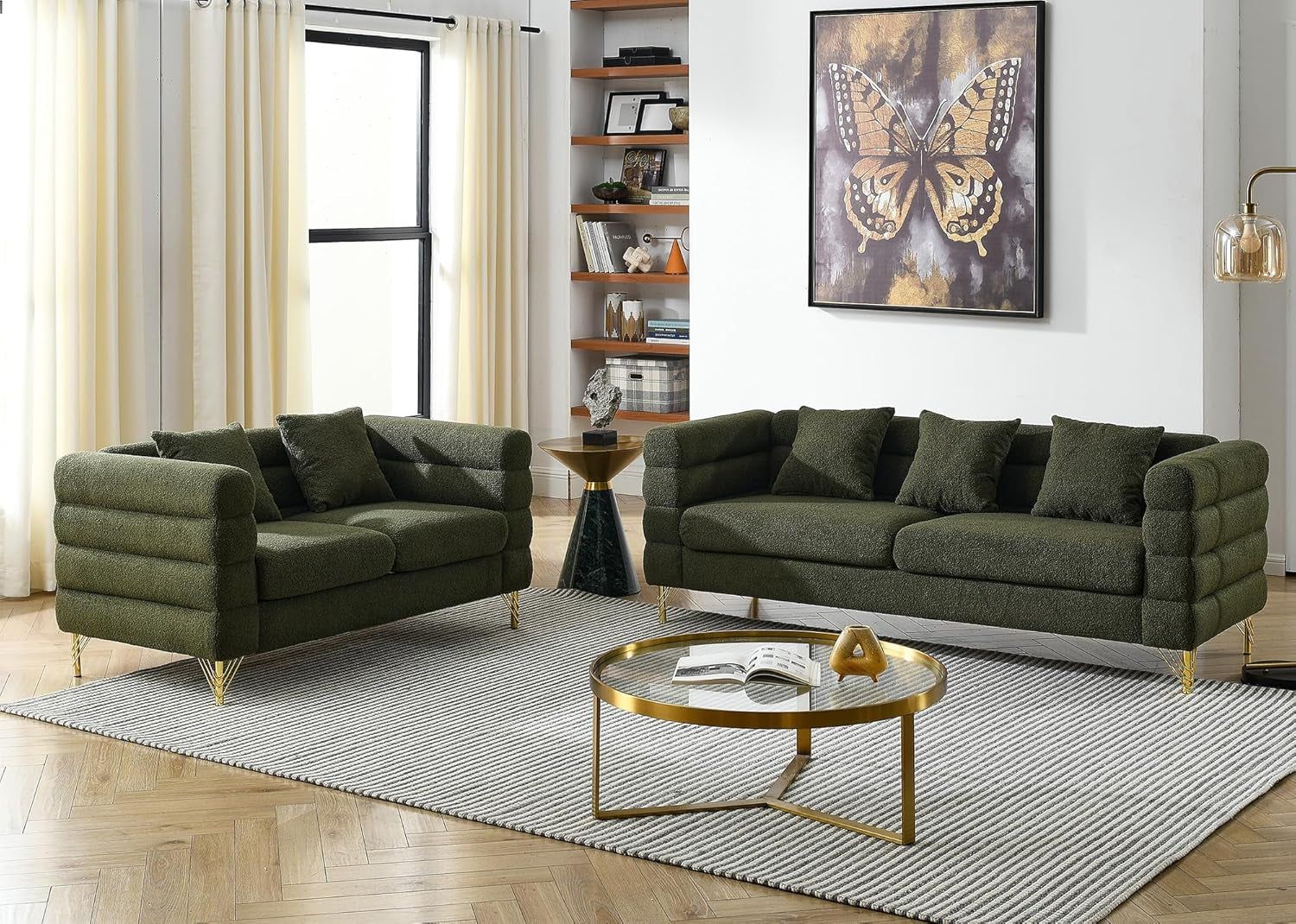 Sofa, 2 Pieces Sofa Set,Oversize 2/3 Seater Extra Deep Seat Sofa,Modern Upholstered Futon Sofa Couch, Comfy Teddy Bouclé Cloud Sofa,Furniture for Living Room,Bedroom,Office,Apartment(Green)