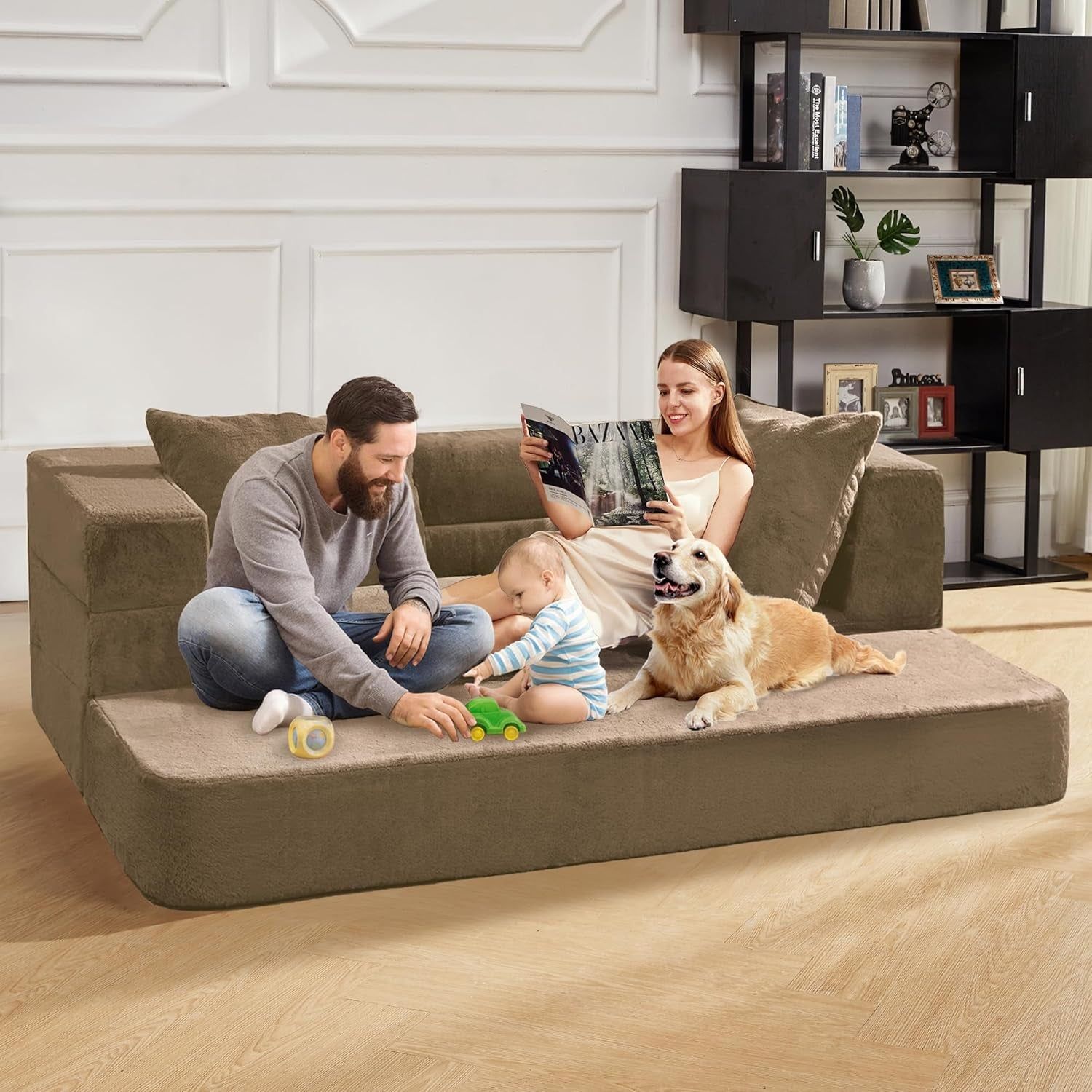 Folding Bean Bag Chair,3-In-1 Bean Bag Couch Faux Fur Floor Sofa Large Foam Beanbag Convertible Bean Bag Sofa Bed with Pillow for Adults(Brown, Large)