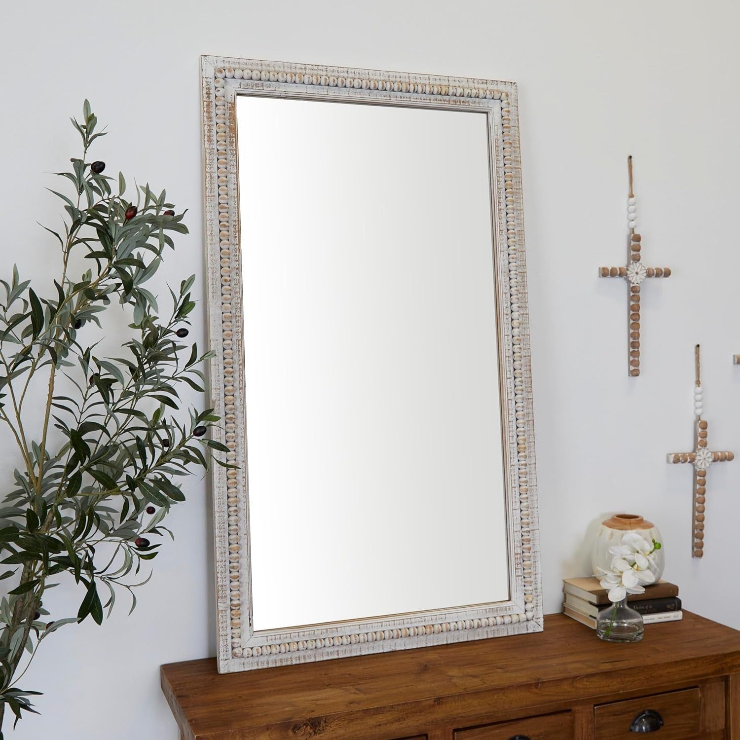 Handcrafted Wooden Beaded Wall Mirror, 28 X 1 X 48, Elegant White Finish