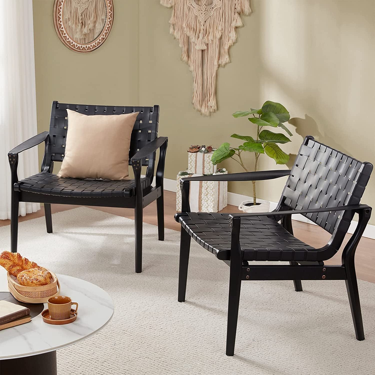 Scandinavian Woven Leather Chair with Boho Accent