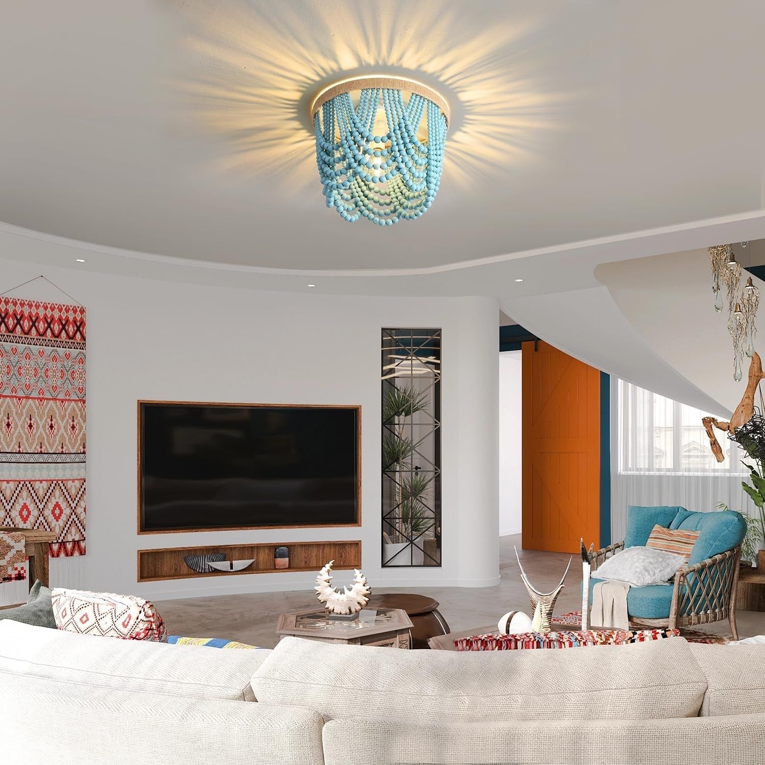 Boho Light Fixture, 3 Light Wood Bead Chandelier, Ceiling Beaded Light Fixture, Nursery Light Fixture, Blue, 12.6 X 9.3 Inches