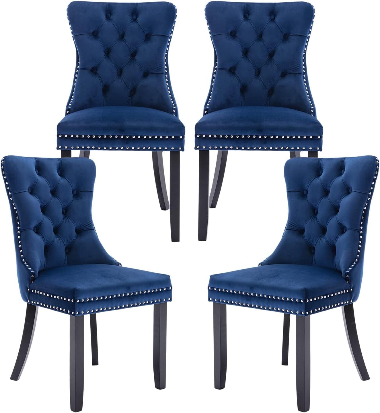 Velvet Dining Chairs Set of 4, Upholstered Dining Chair with Nailhead Trim and Solid Wood Legs, Navy Luxury Wingback Dining Side Chair for Living Room, Bedroom, Kitchen