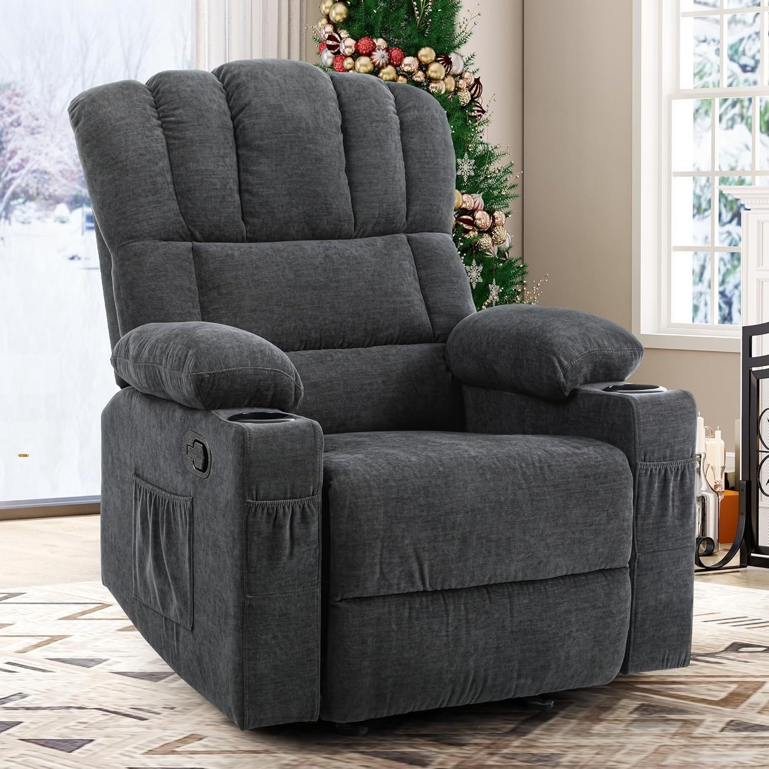 Oversized Rocker Recliner Chair with Massage and Heat, Manual Recliner Chair with Overstuffed Armrest, Rocking Recliner with 2 Cup Holders, USB Charge Port and Side Pocket for Living Room