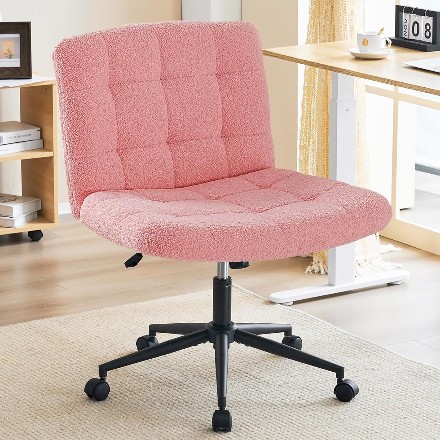 Swivel Criss Cross Legged Chair with Wheels for Home Office, Wide Armless Desk Chair Height Adjustable Comfy Seat for Desk,Vanity, Bedroom, Faux Fur Pink