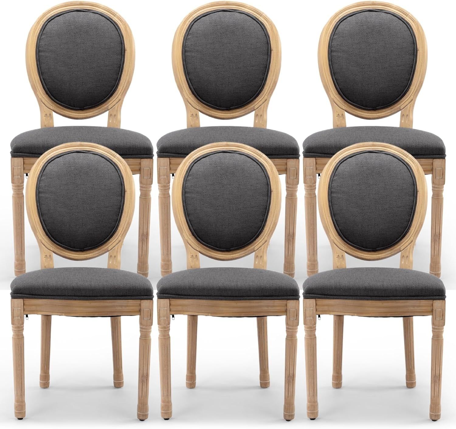 Upholstered Dining Chairs Set of 6 French Country Oval Fabric Back Kitchen Side Chair with Wood Legs for Dining Room, Kitchen, Restaurant(Dark Grey-Fabric)