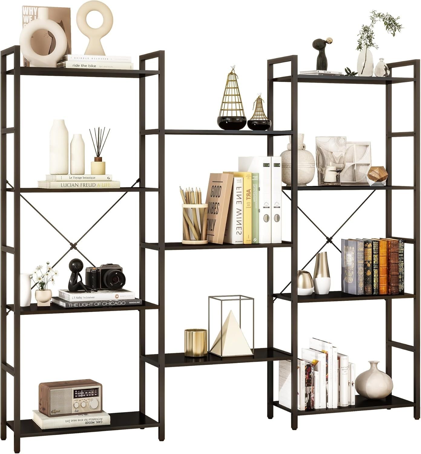 Triple 4/5/6 Tier Bookshelf, Industrial Bookcase with 11/14/17 Open Display Shelves Wide Book Shelf Book Case with Metal Frame for Living Room Home Office (Black, 4 Tier)