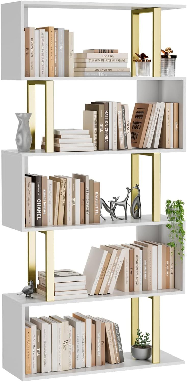 5 Tier Geometric Bookcase,S Shaped Bookshelf, Wood Decorative Storage Shelving, Modern Freestanding Display Shelves, Tall Book Shelf Unit for Living Room Bedroom, Gold