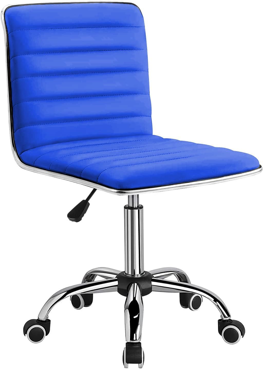 Mid Back Task Chair,Low Back Leather Swivel Office Chair,Computer Desk Chair Retro with Armless Ribbed (Blue)