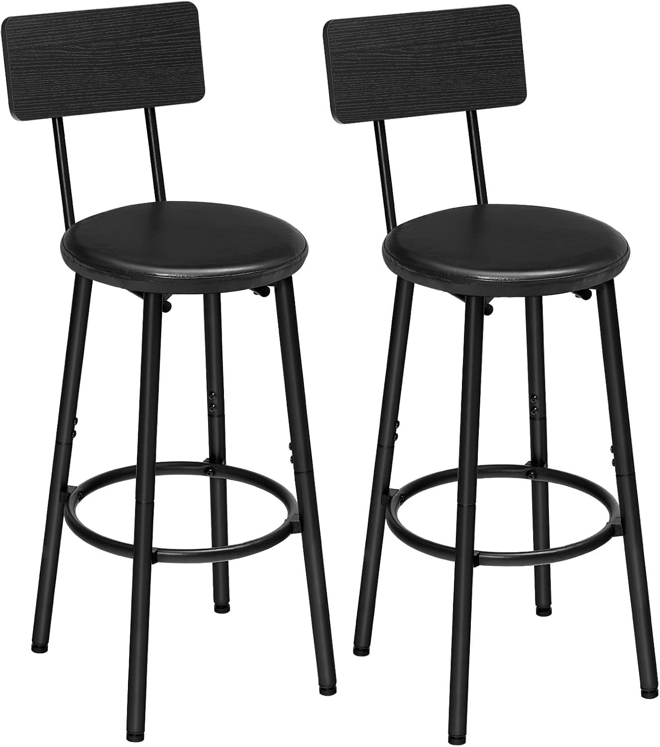 Bar Stools, Set of 2 Bar Stools with PU Upholstered, Bar Chairs with Footrest and Back, 26&quot; Bar Stools for Kitchen Island, Dining Room, Easy to Assemble, Black BK31BY01G1