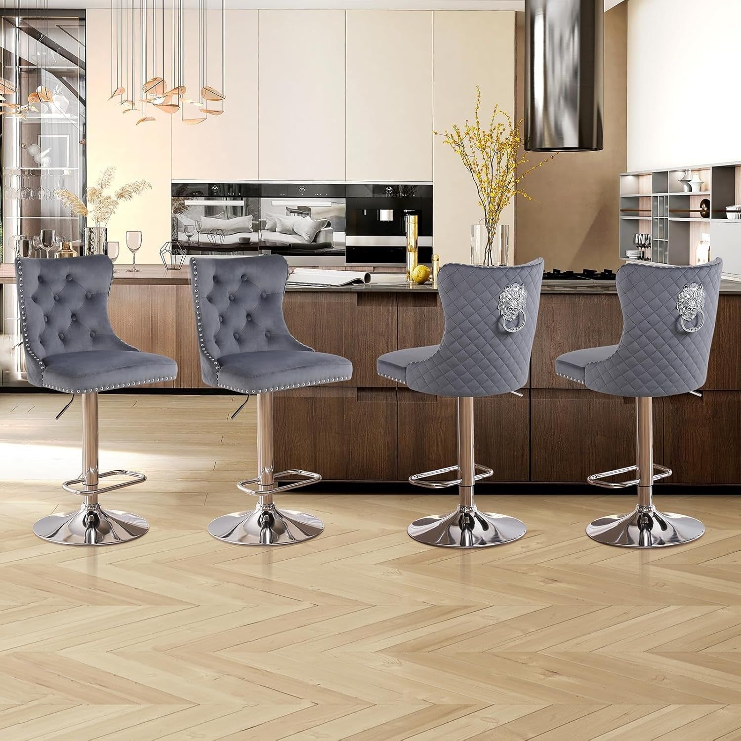 Velvet Adjustable Swivel Bar Stools Set of 4, High Tufted Back Modern Counter Height Stools Chrome Footrest/Lion Pull Ring/Rivet Trim/Diamond Pattern Kitchen Dining Pub Bar Chairs, Dark Grey