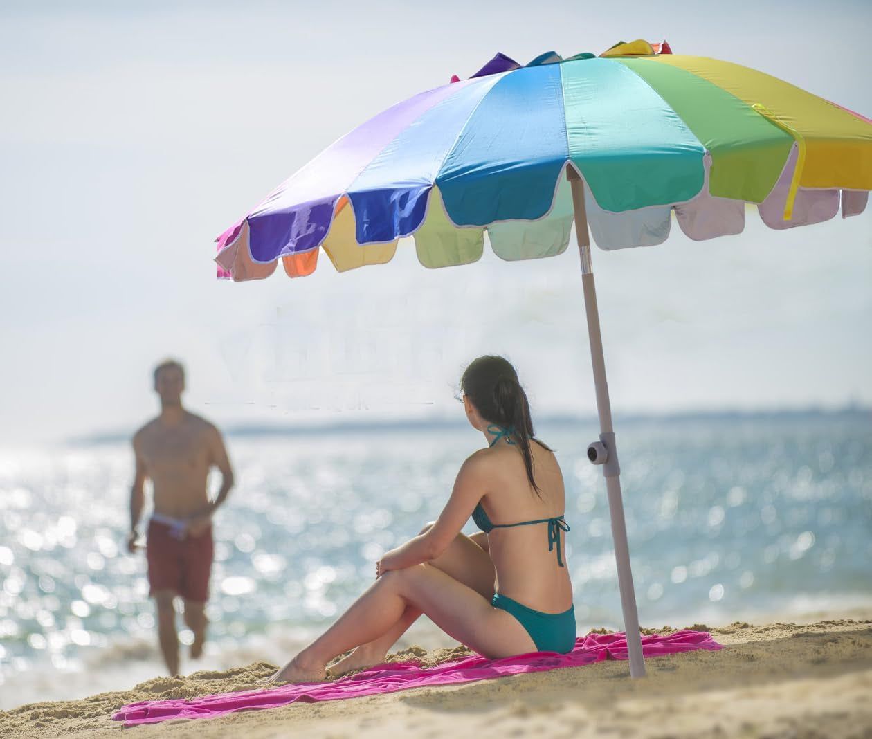 7.5Ft Heavy Duty HIGH Wind Beach Umbrella with Sand Anchor &amp; Tilt Sun Shelter, UV 50+ Protection Outdoor Umbrellas Sunshade with Carry Bag for Patio Garden Pool Backyard Rainbow