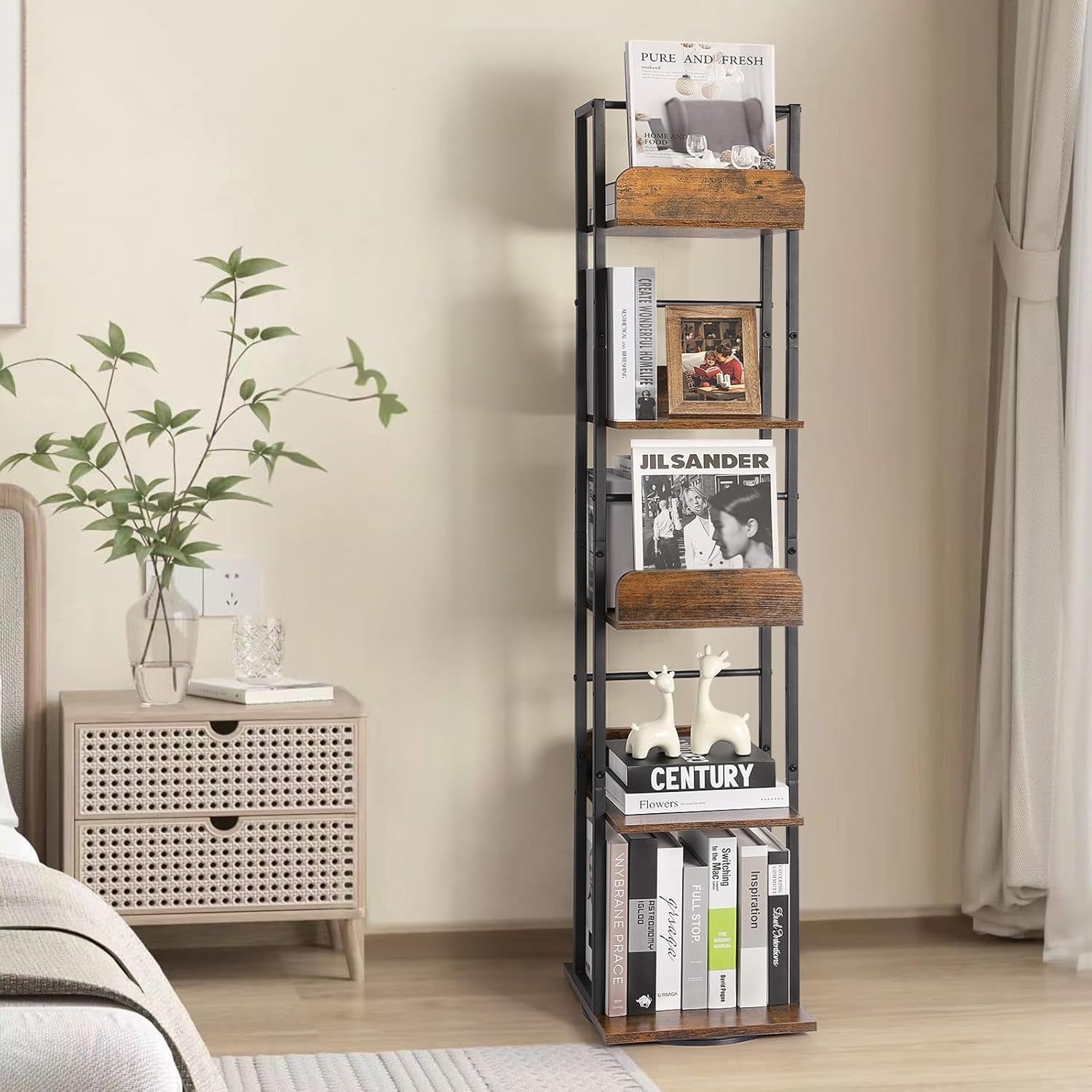 Black 5-Shelf 360° Rotating Corner Bookshelf Tower