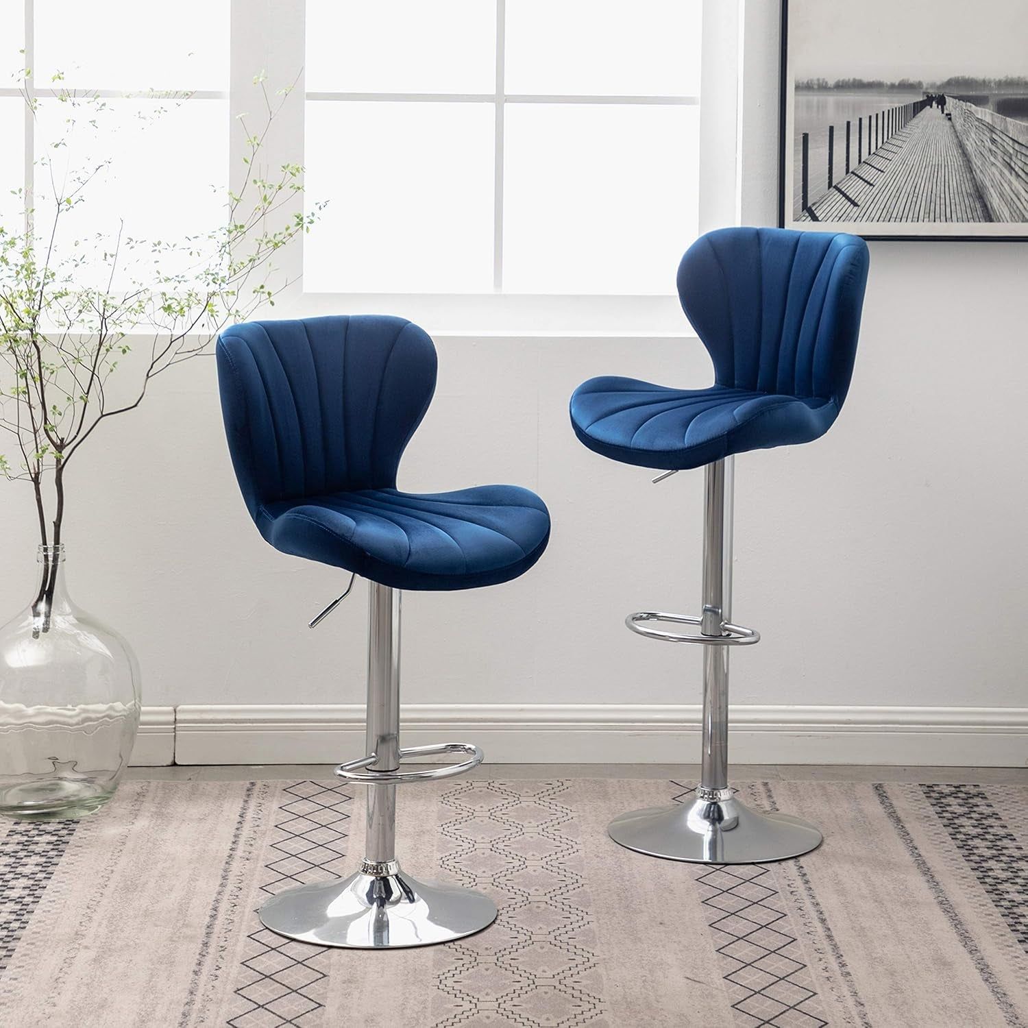 Ellston Velvet Adjustable Swivel Barstools in Blue, Set of 2