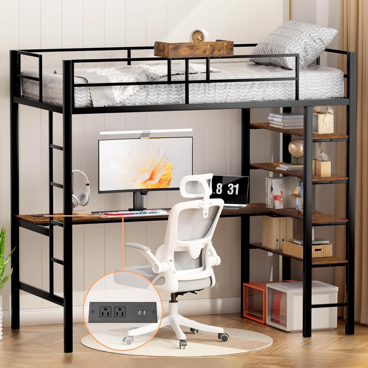Black Twin Loft Bed: Desk, Shelves, Stairs