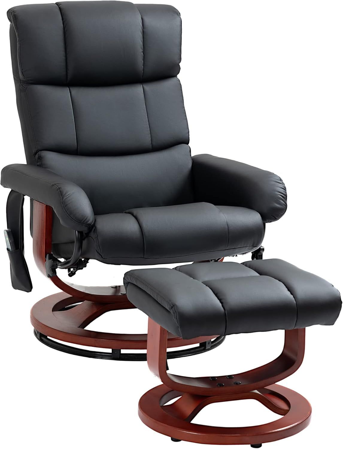 Massage Recliner Chair with Ottoman, Swivel Recliner and Footrest, Faux Leather Reclining Chair with Remote Control and Side Pocket, Black