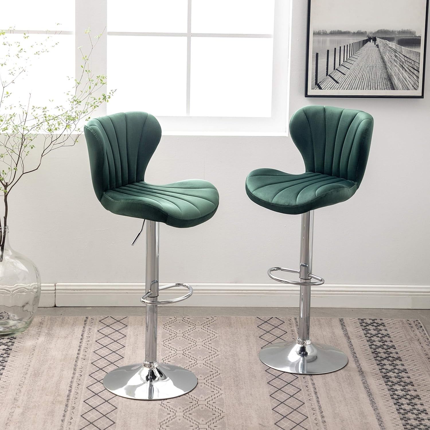 Ellston Velvet Adjustable Swivel Barstools in Green, Set of 2