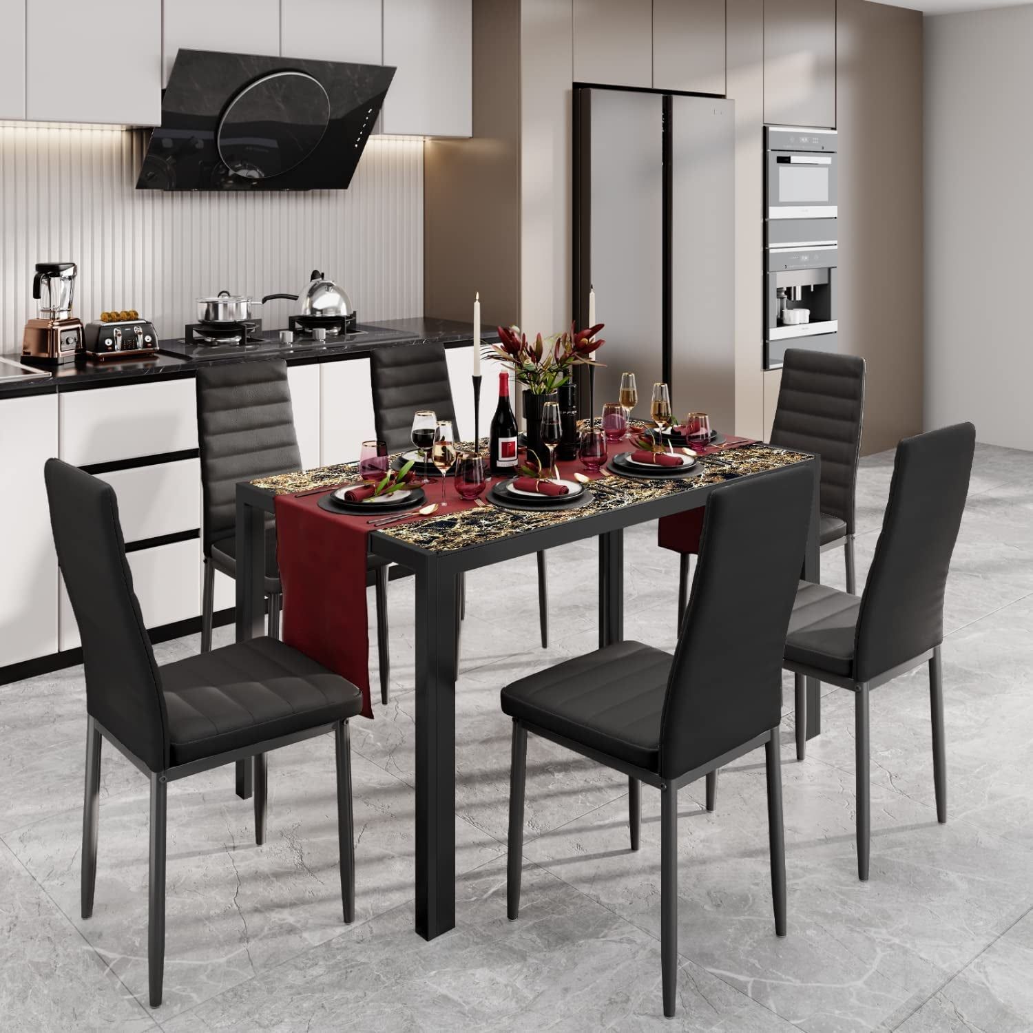 7-Piece Glass Dining Table Set for 6, PU Leather Chairs