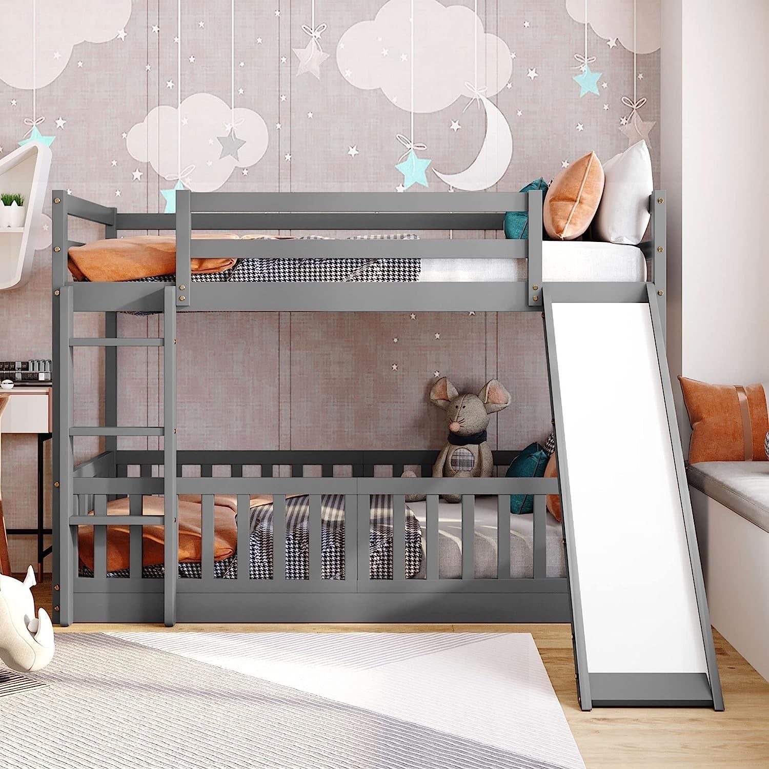 Gray Twin Bunk Bed with Slide and Ladder