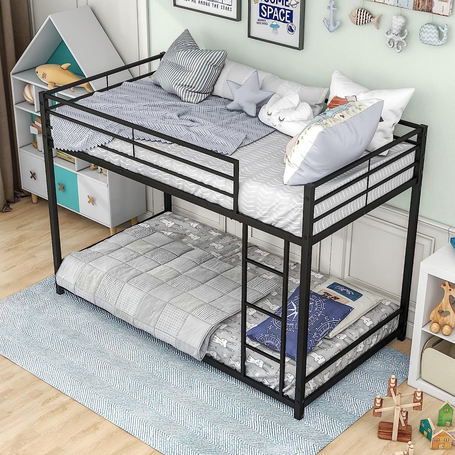 Twin Metal Low Bunk Bed with Guard Rails and Ladder