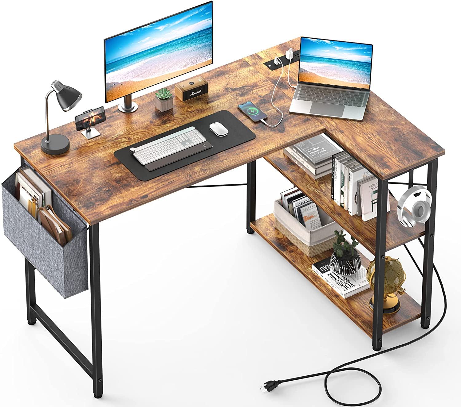 Rustic L-Shaped Desk with Outlets &amp; USB Ports