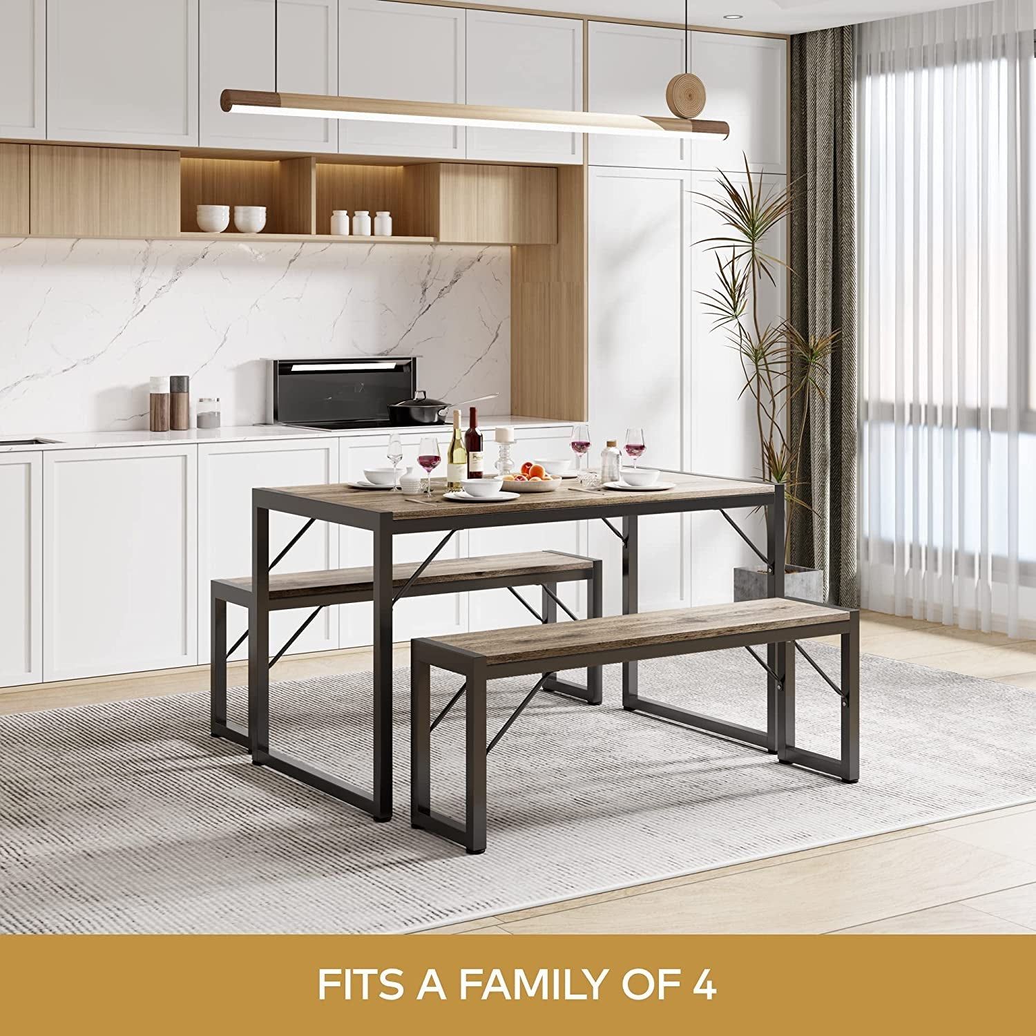 Dining Table Set for 4 with 2 Benches, Gray