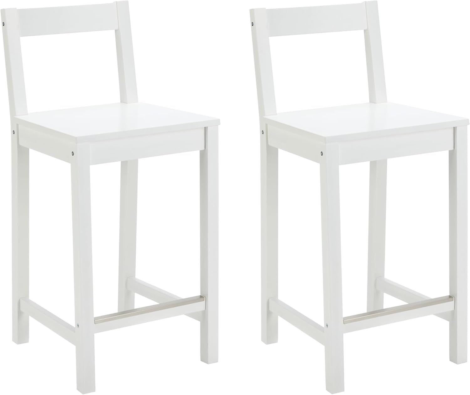 Wooden Bar Stool with Backrest, White, Set of 2