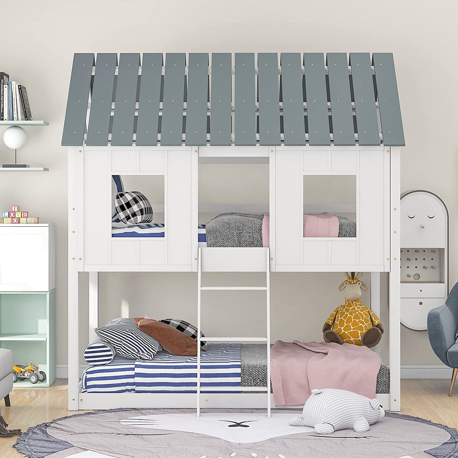 Twin House Bunk Bed with Playhouse, White and Gray