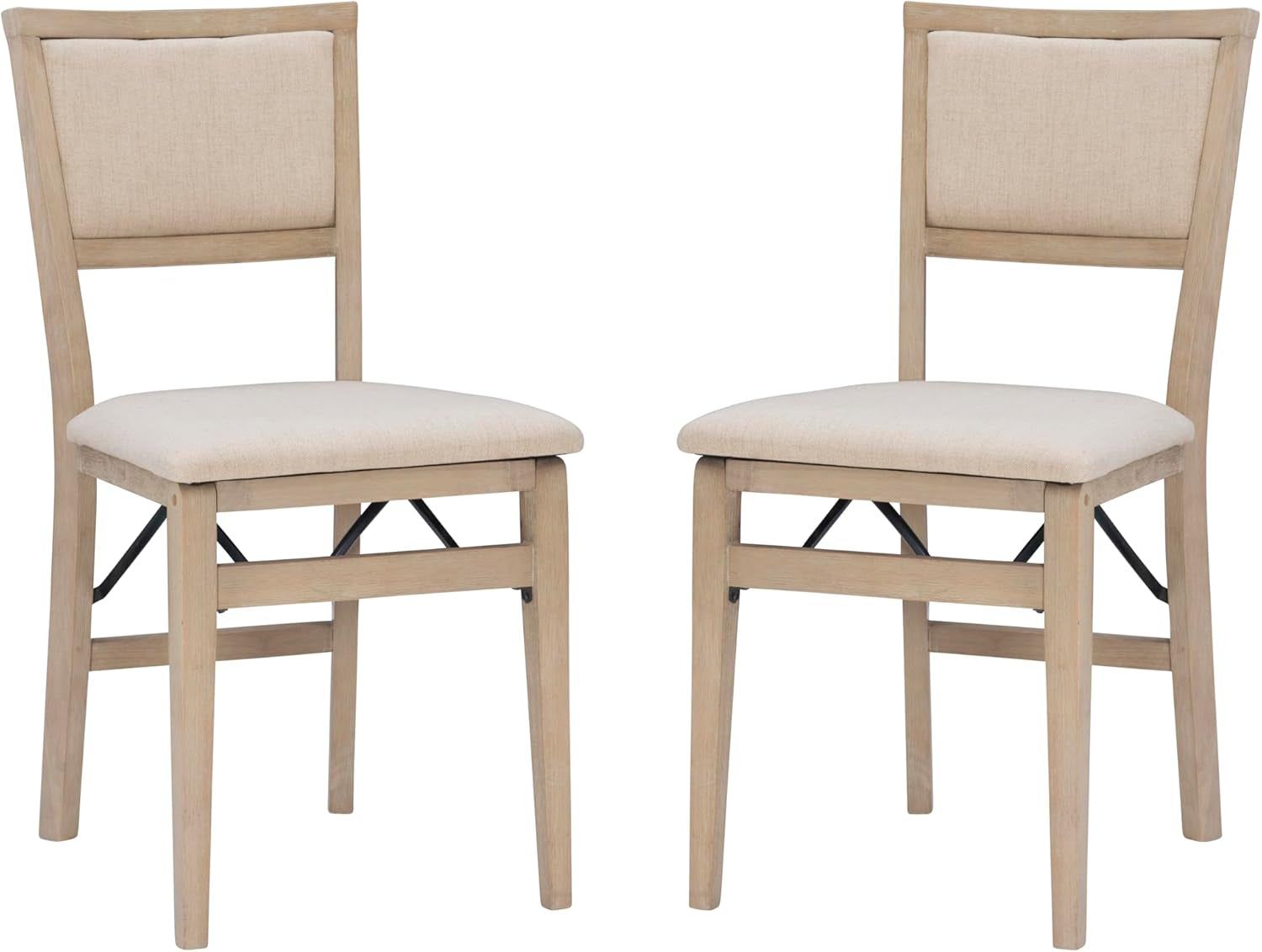 Keira Wooden Folding Chair Upholstered Seat and Back Set of 2, Dining Height, Rustic Natural &amp; Beige
