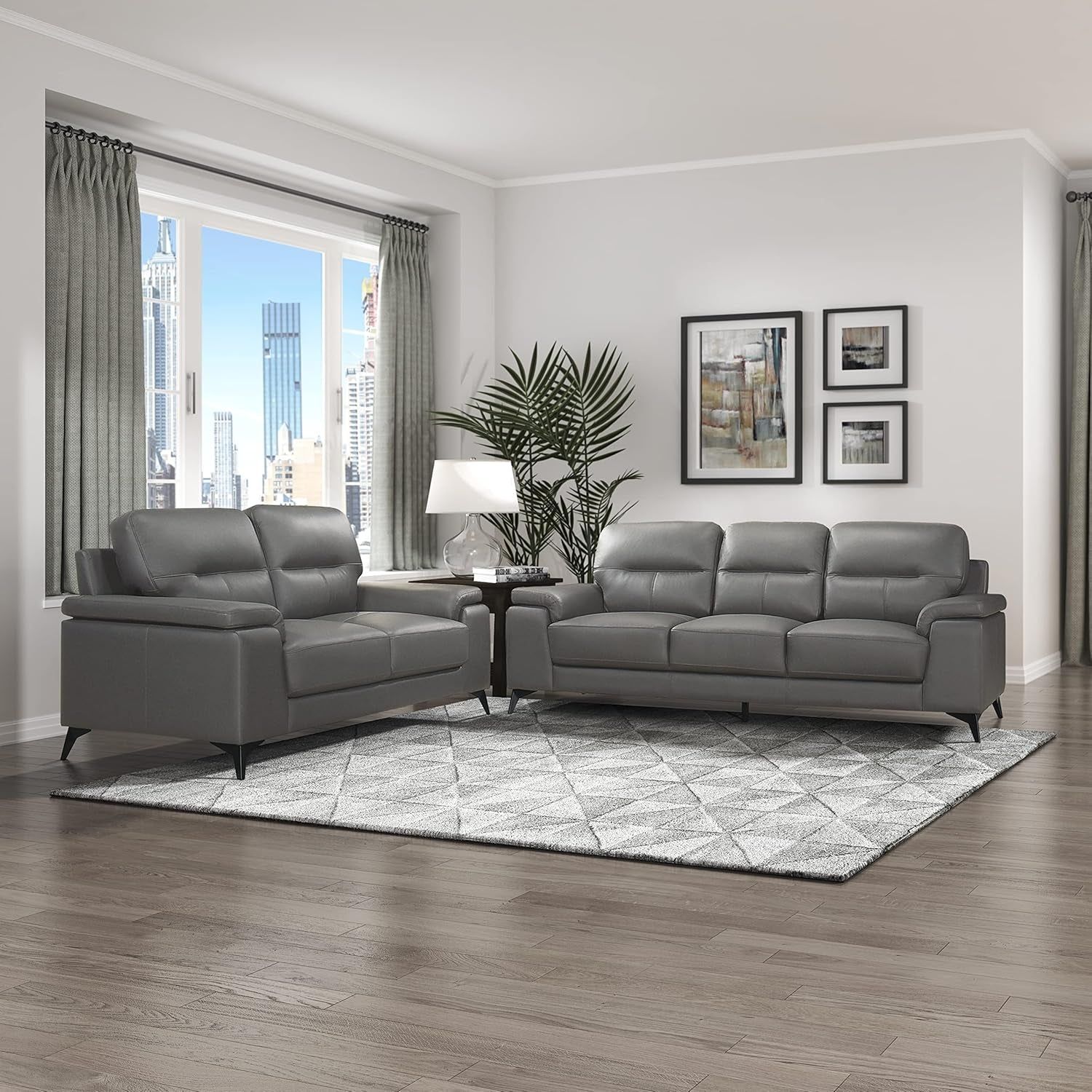 Danica Top Grain Leather 2-Piece Living Room Sofa Set, Dark Gray