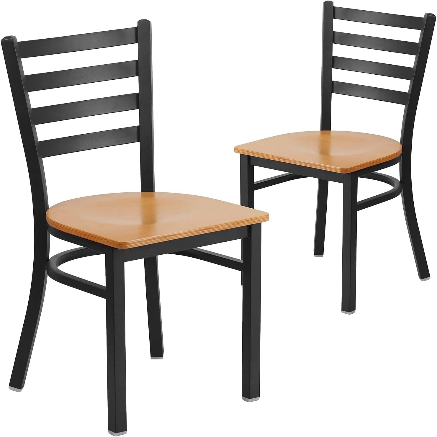 2 Pack HERCULES Series Black Ladder Back Metal Restaurant Chair - Natural Wood Seat