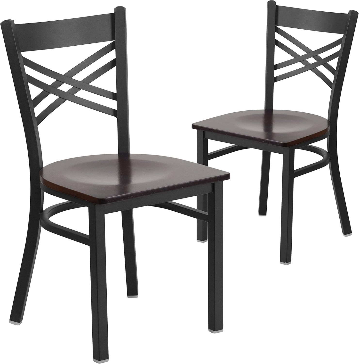 2 Pack HERCULES Series Black &#39;&#39;X&#39;&#39; Back Metal Restaurant Chair - Walnut Wood Seat