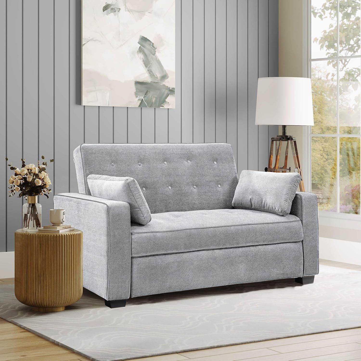 Lifestyle Solutions Ainsley Full Size Convertible Loveseat, Light Grey