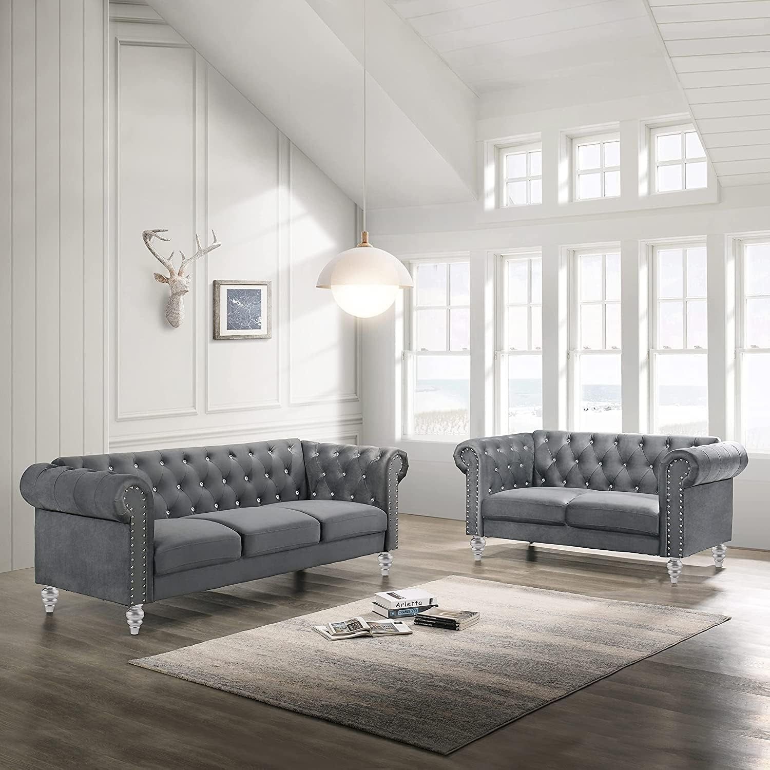Emma Crystal Sofa and Loveseat Living Room Set, Gray