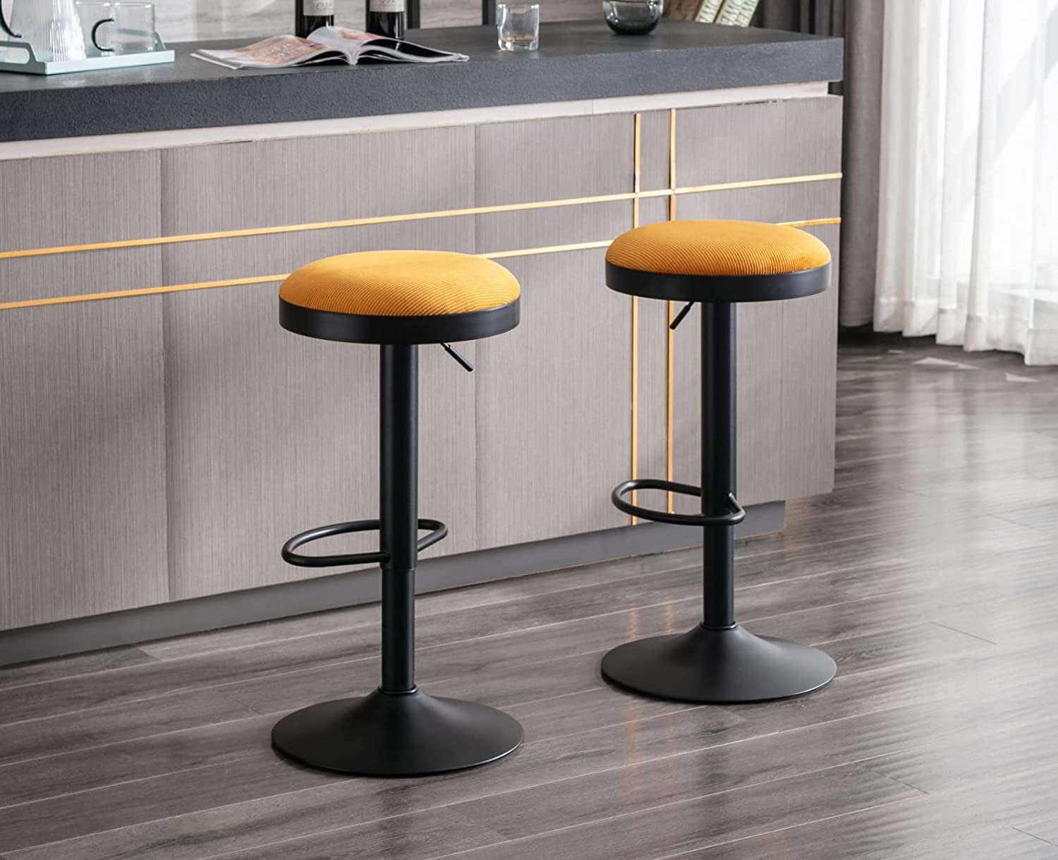 Yellow Fabric Swivel Barstools, Set of 2