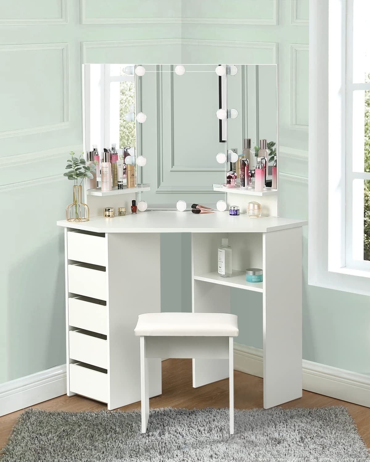 Vanity Desk Set with Lighted Mirror &amp; Shelves