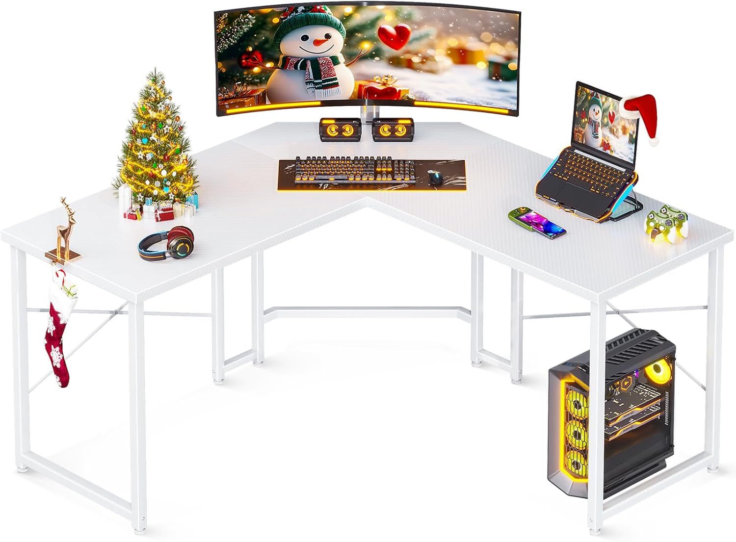 L Shaped Gaming Desk, Corner Desk Gaming Table for Home Office, Computer Desk Sturdy Writing Workstation for Small Space, Easy to Assemble, 51 Inch, Carbon Fiber Surface, White