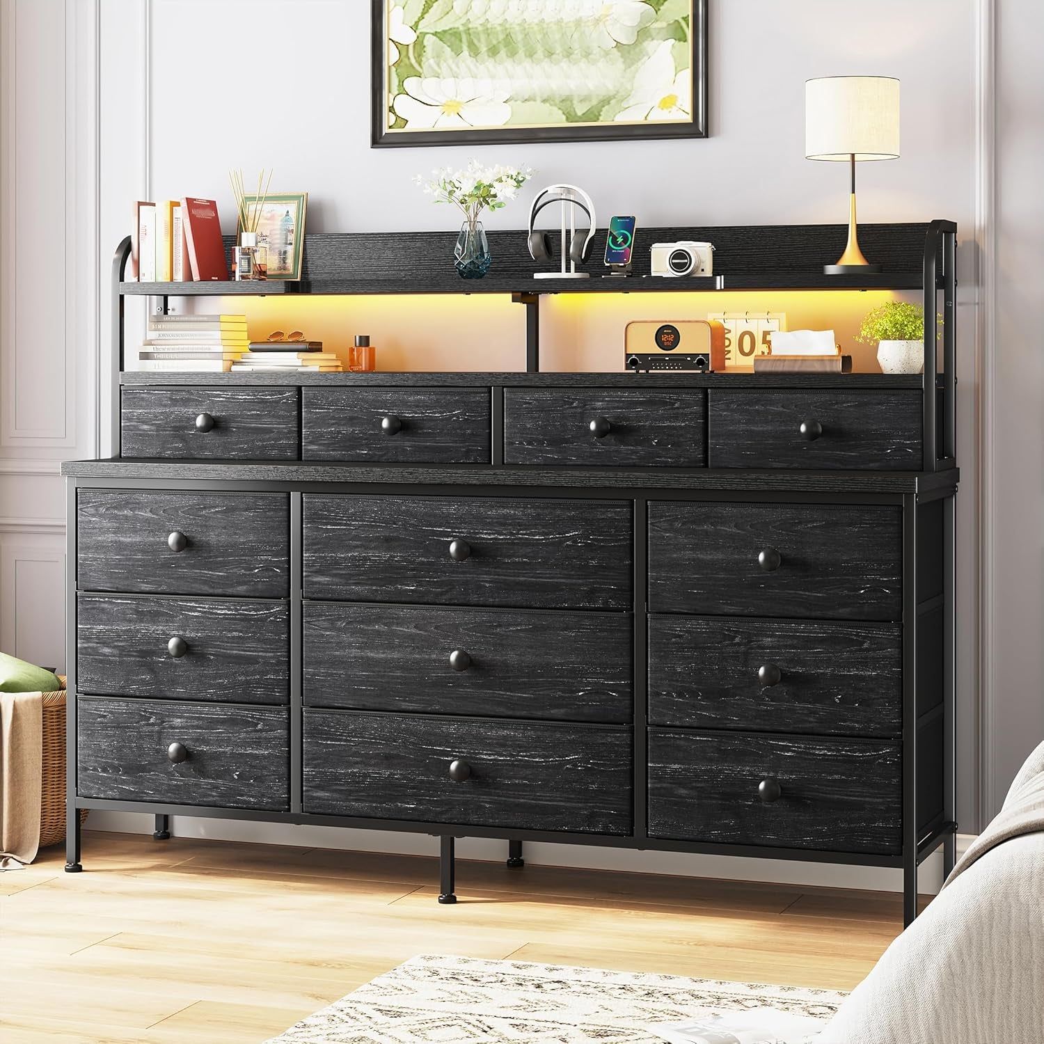 51.2&quot; W Black Dresser with 13 Drawers and LED Lights, Black Dresser for Bedroom with Fabric Drawer, Long Dressers &amp; Chests of Drawers, Dresser for Bedroom with Shelves for Closet