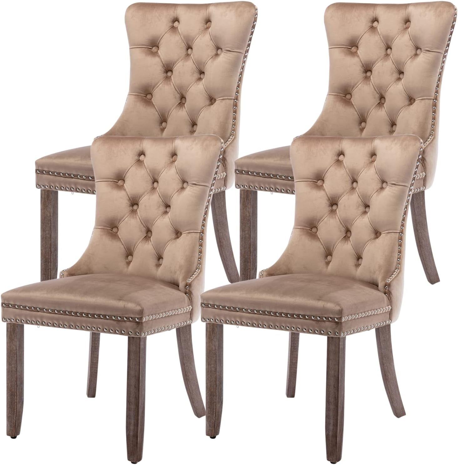 Velvet Dining Chairs Set of 4, Tufted Upholstered Dining Chairs with Nailhead Back and Ring Pull Trim, Solid Wood Dining Chairs for Kitchen/Bedroom/Dining Room (Khaki)