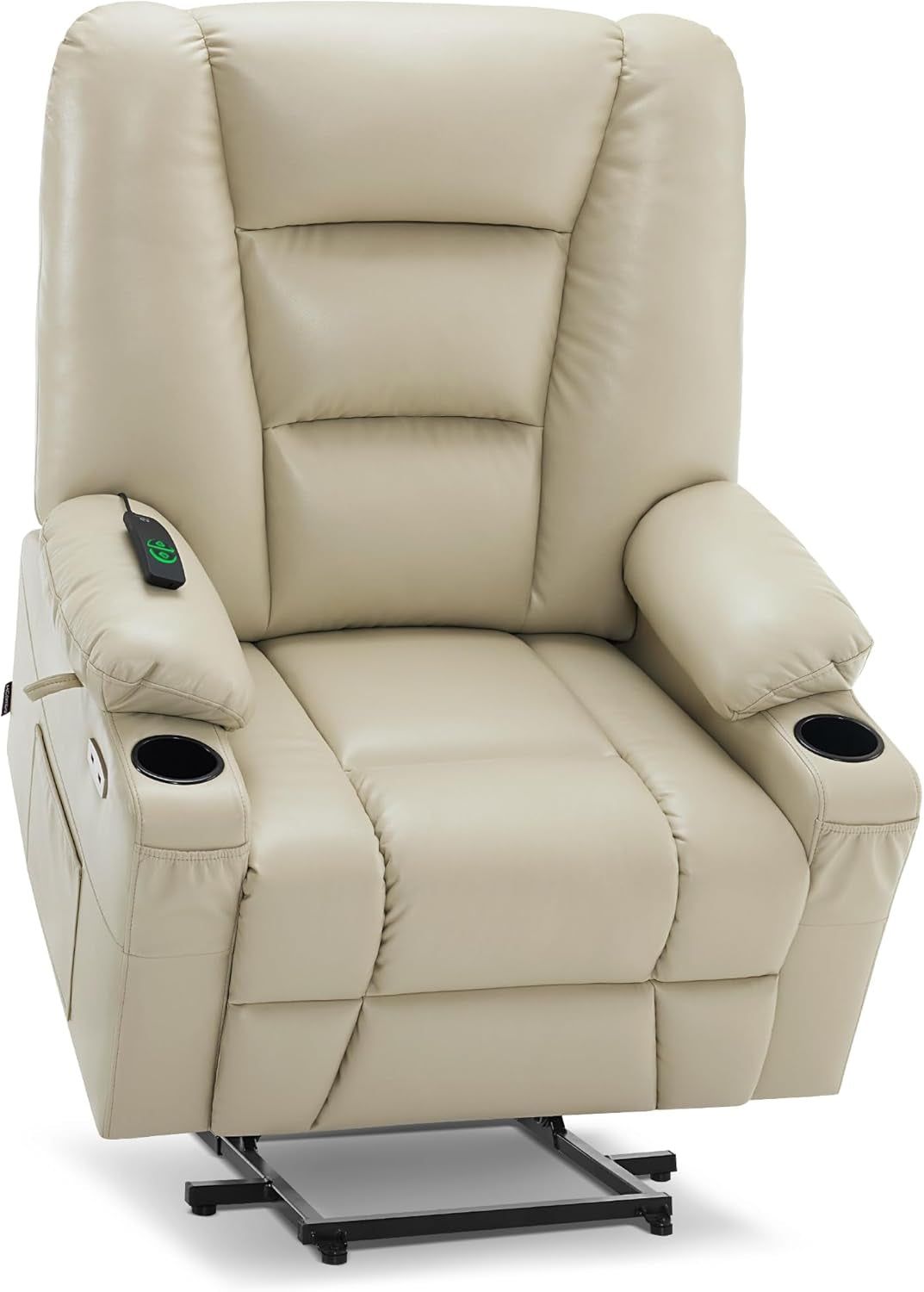Large Power Lift Recliner Chair with Massage and Heat for Big and Tall Elderly People, Cup Holders, USB Ports, Side Pockets, Faux Leather R7541 (Beige, Large-Wide)